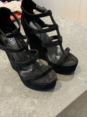ALDO Black Beaded Strappy Platform Wedge Sandals
